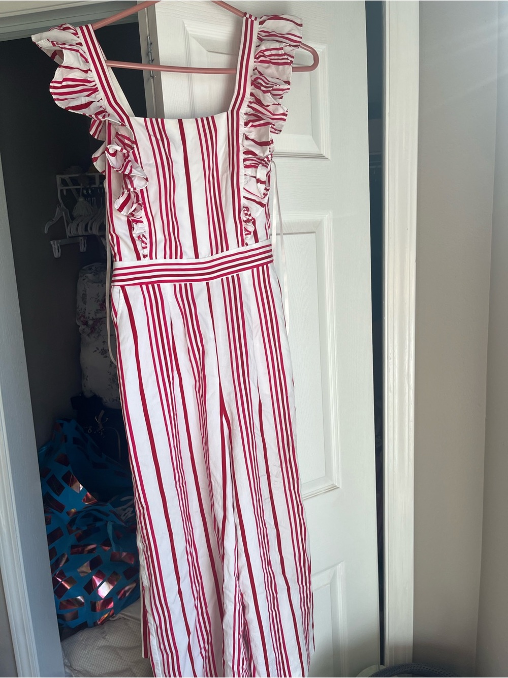 Ted Baker Cotton Red & White Striped Ruffle Jumpsuit With Waist Tie